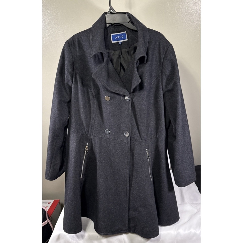 Apt 9 Peacoat Women 2X Charcoal Gray Wool Blend Double Breasted Fit Flare Jacket